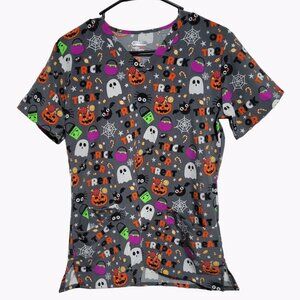 Scrubaid Halloween Scrub Top Womens Medium Trick or Treat Stretch Tapered Fit